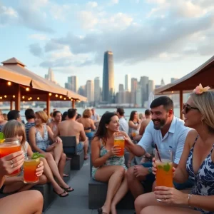 Outdoor beachside cabana in downtown Detroit with skyline view