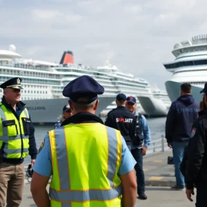 Cruise ships docked at Detroit Port with CBP officers present.