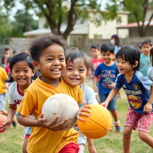 Children participating in outdoor sports activities organized by YMCA 'Y on the Fly'