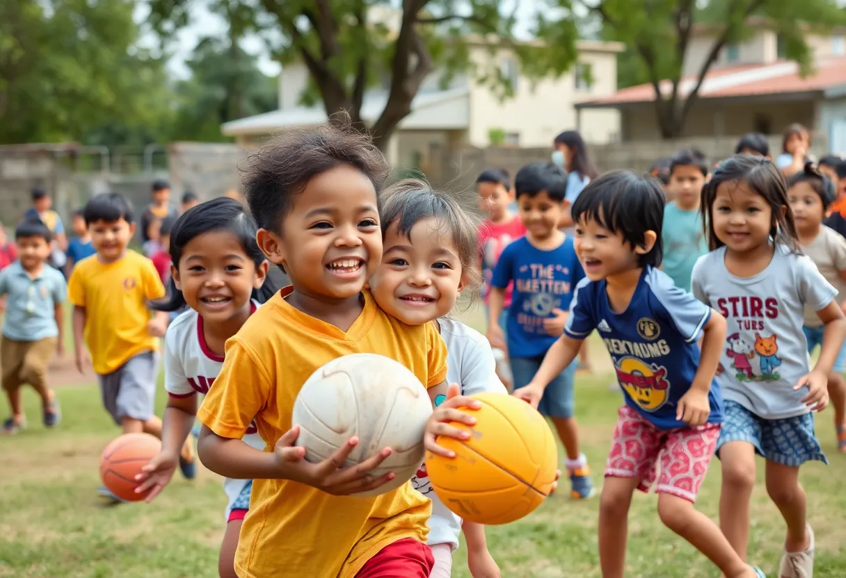 Children participating in outdoor sports activities organized by YMCA 'Y on the Fly'