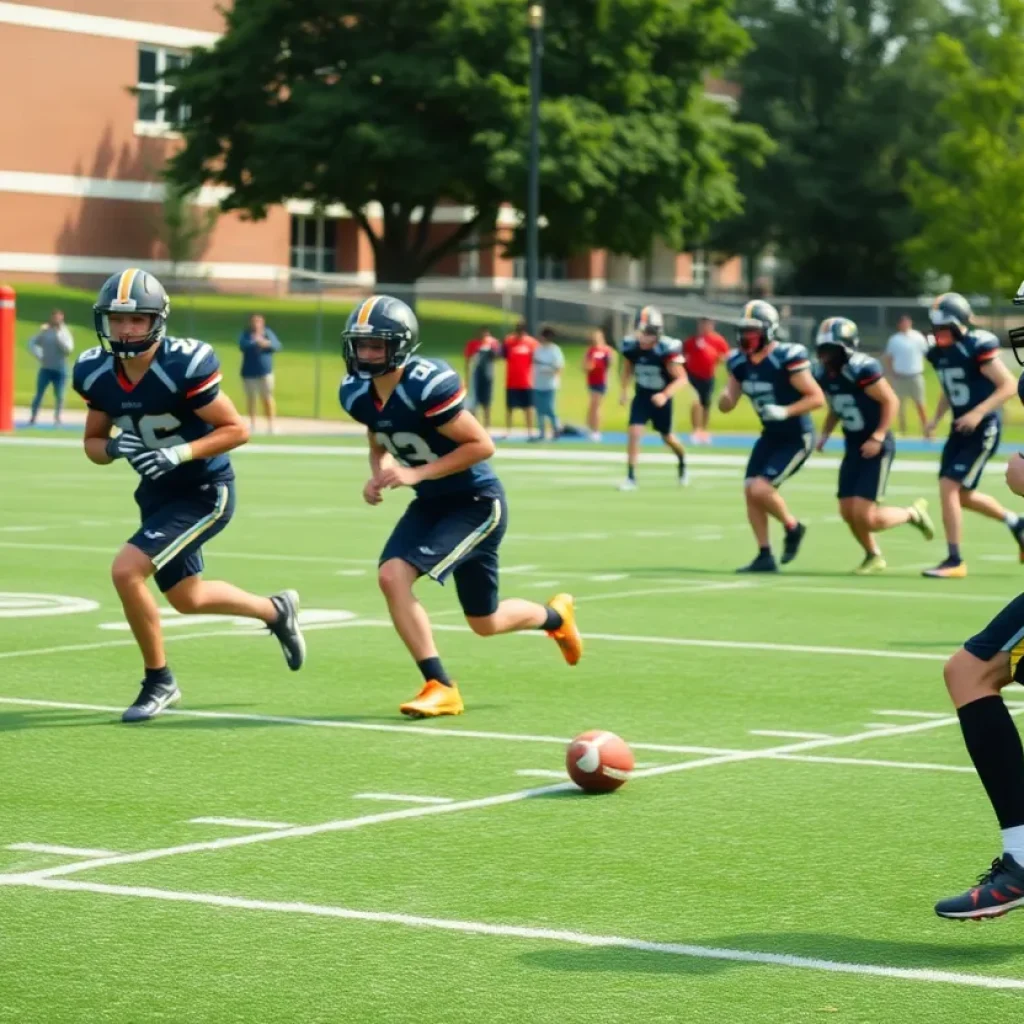 Athletes training on a football field with university buildings in the background.
