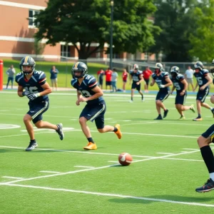 Athletes training on a football field with university buildings in the background.