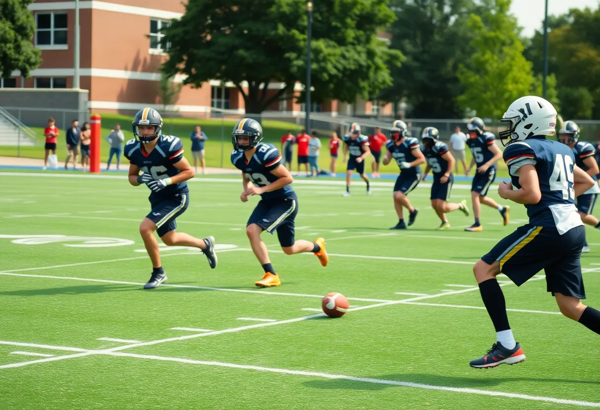 Athletes training on a football field with university buildings in the background.