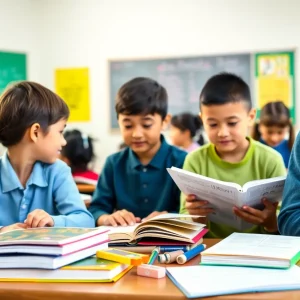 Students in a classroom surrounded by educational resources