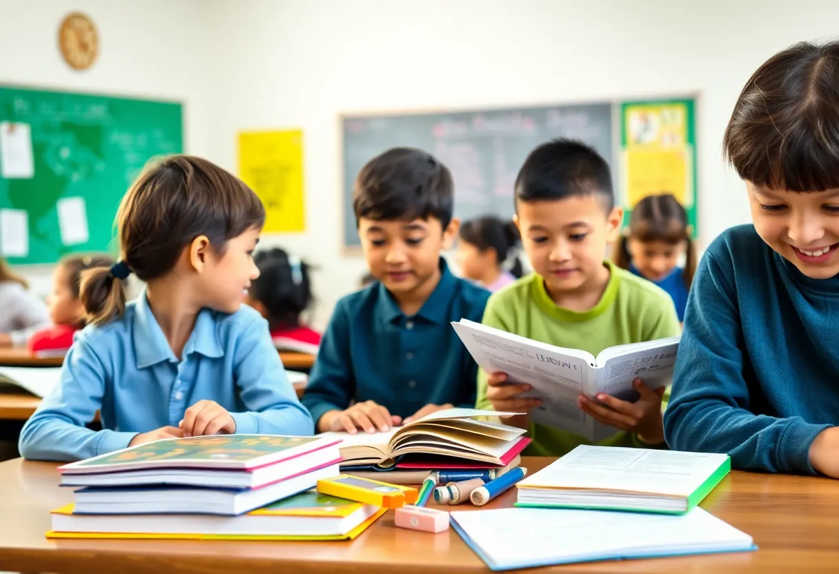 Students in a classroom surrounded by educational resources