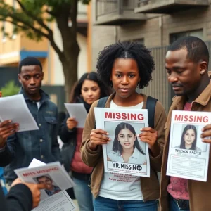 Community members distribute flyers about a missing teenager