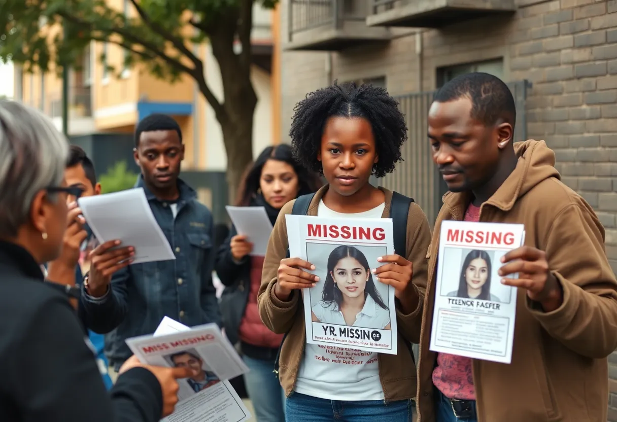 Community members distribute flyers about a missing teenager