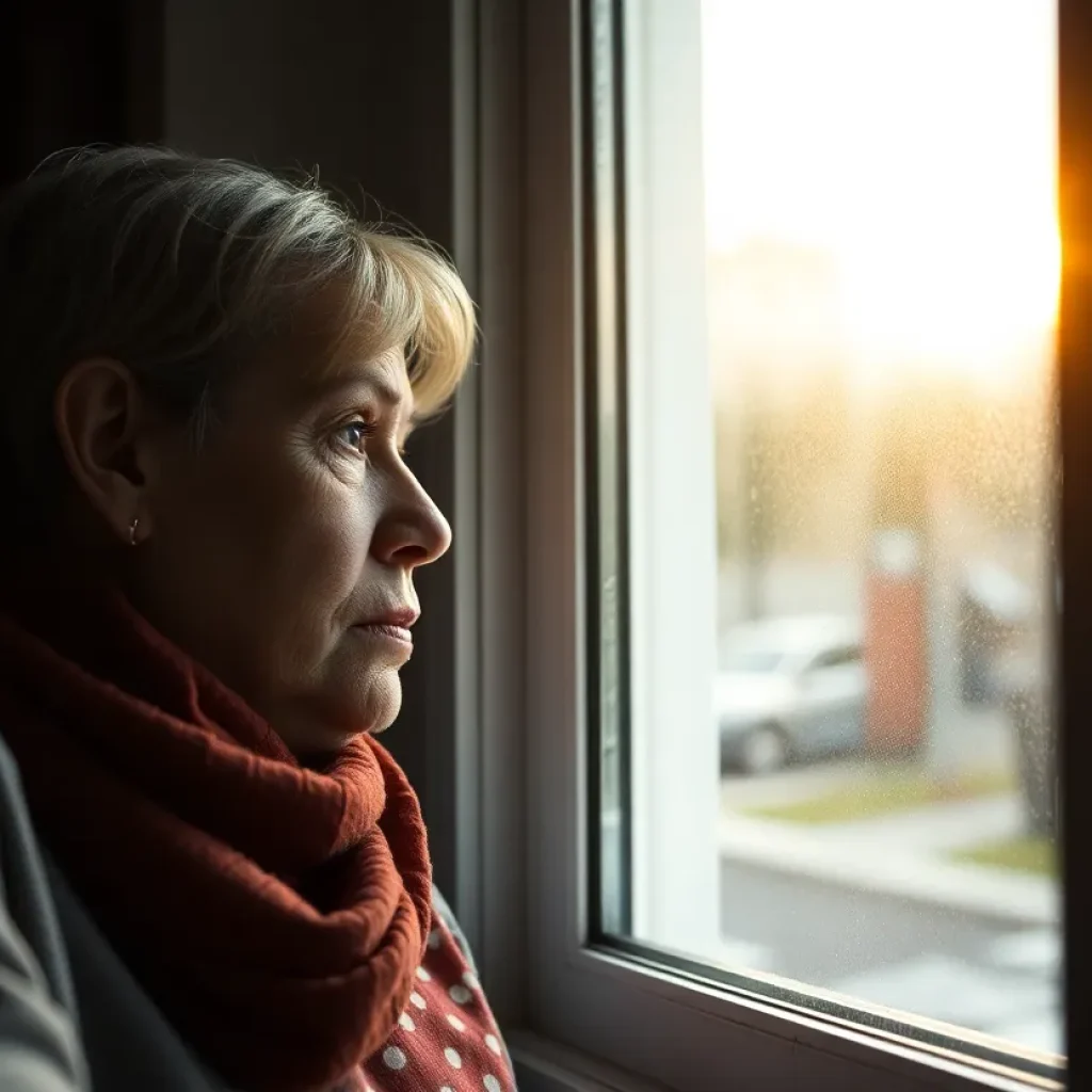 A concerned person looking out of a window for a missing person.
