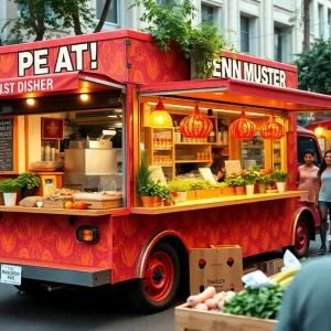 Cooking with Que food truck offering plant-based meals in competition.