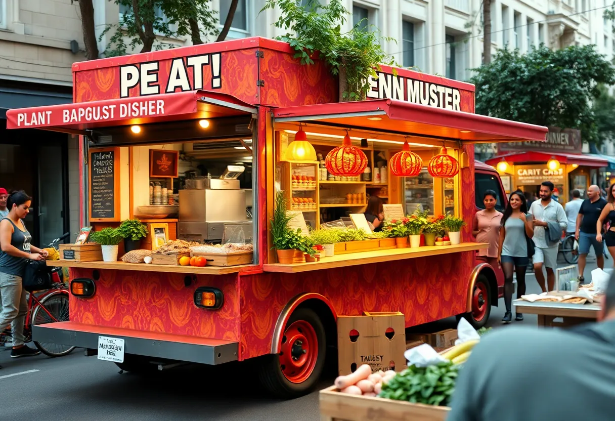 Cooking with Que food truck offering plant-based meals in competition.