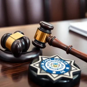 Gavel and police badge on the courtroom table
