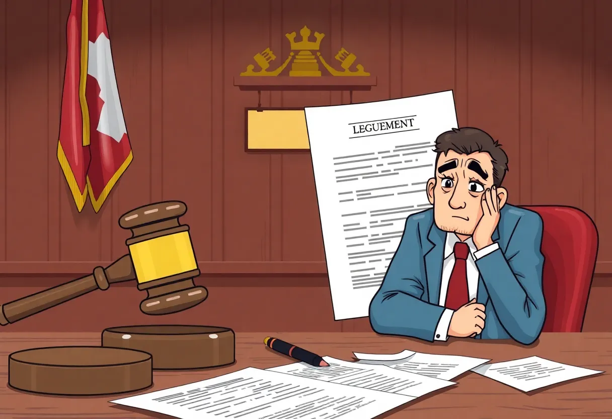 An illustration depicting a courtroom with legal elements symbolizing fraud and extortion