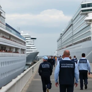 Cruise ships docked at the Port of Detroit with crew members and officials nearby