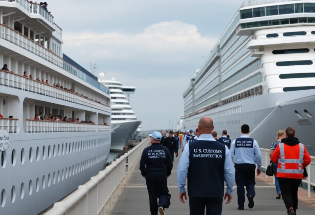 Cruise ships docked at the Port of Detroit with crew members and officials nearby