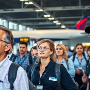 Passengers in an airport terminal with a Delta Airlines plane visible in the background.