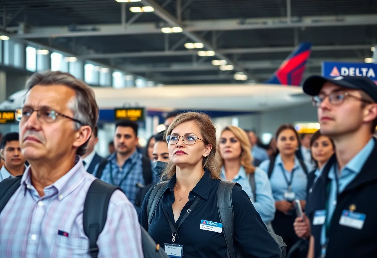 Passengers in an airport terminal with a Delta Airlines plane visible in the background.