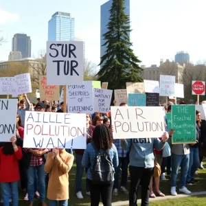 Environmental activists protesting for clean air in a park