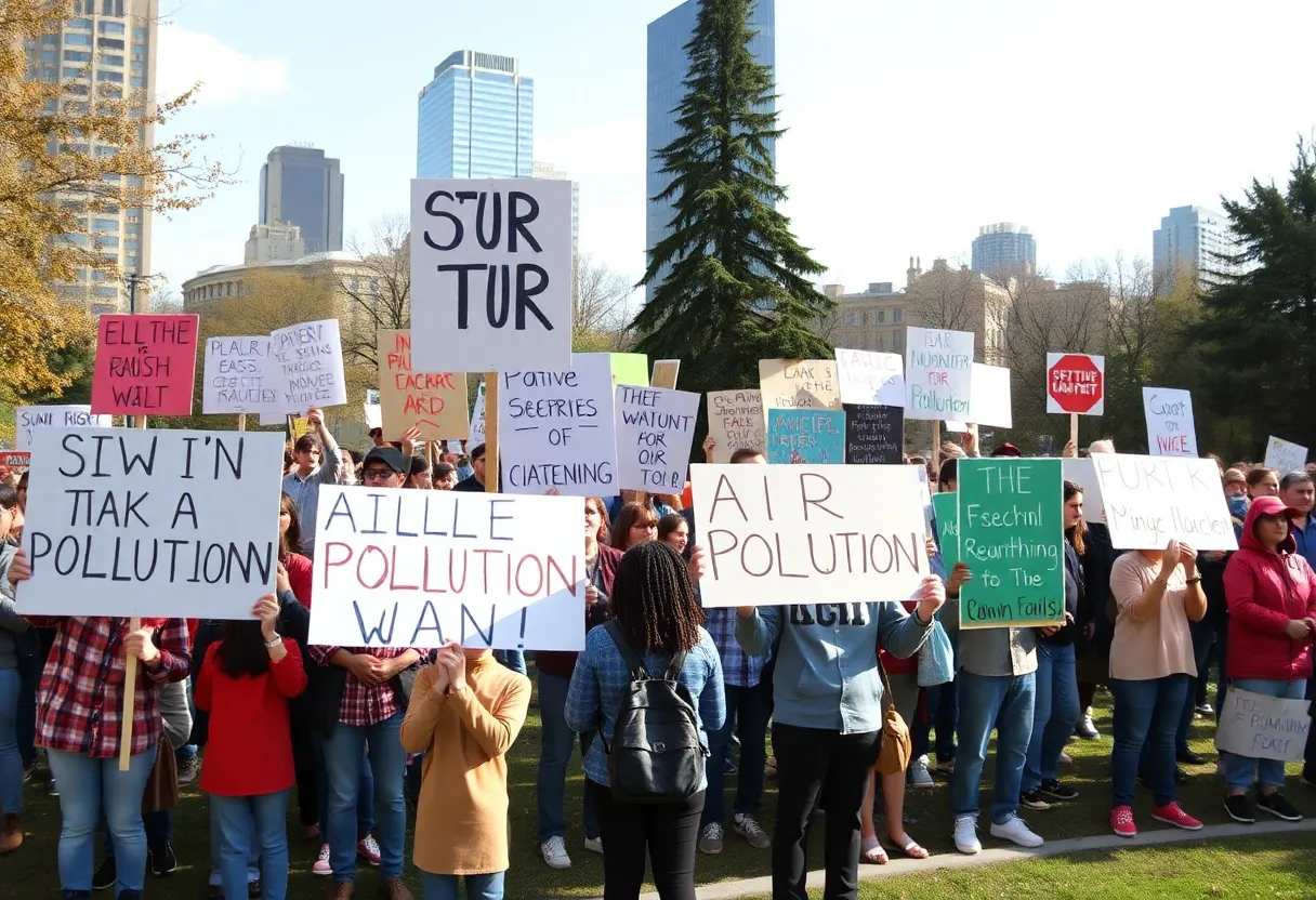 Environmental activists protesting for clean air in a park
