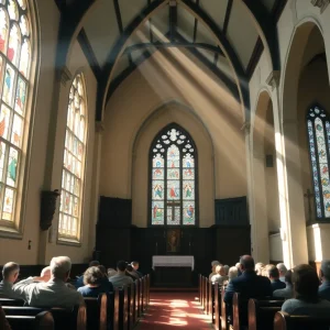Interior of a church showcasing stained glass windows signaling peace and community.