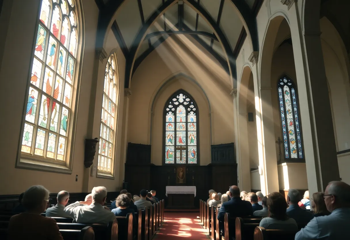 Interior of a church showcasing stained glass windows signaling peace and community.