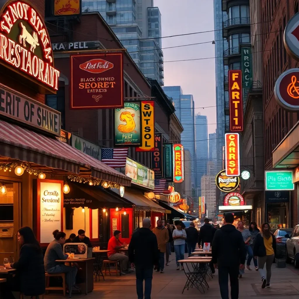 A vibrant street scene in Detroit showcasing Black-owned restaurants.