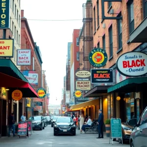 Submit Obituary A street view of various Black-owned restaurants in Detroit with unique signage.