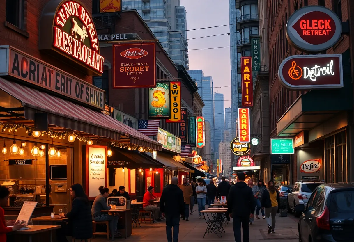 A vibrant street scene in Detroit showcasing Black-owned restaurants.