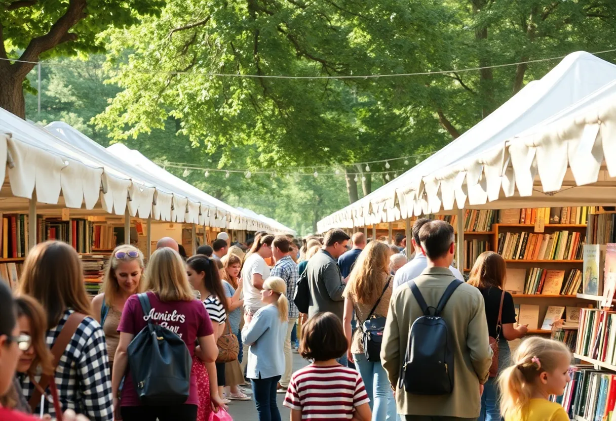 Crowd at Detroit Book Festival with books and activities