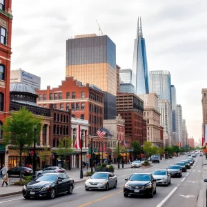 A vibrant cityscape of Detroit with cultural landmarks and lively streets.