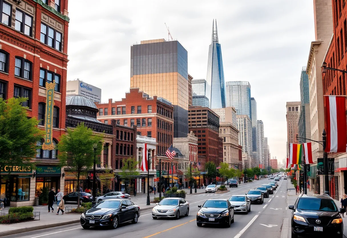 A vibrant cityscape of Detroit with cultural landmarks and lively streets.