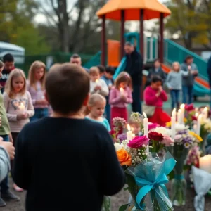 Community members gather at a playground with candles and flowers in memory of shooting victims.