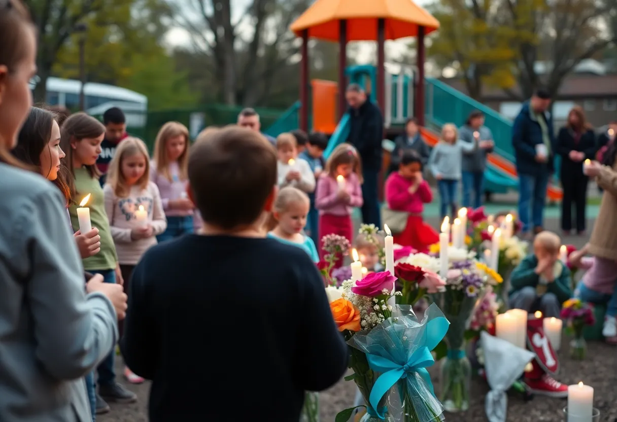 Community members gather at a playground with candles and flowers in memory of shooting victims.