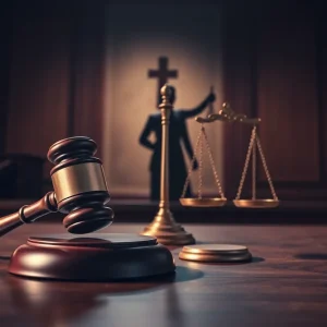 Courtroom scene representing justice in a sex trafficking case.