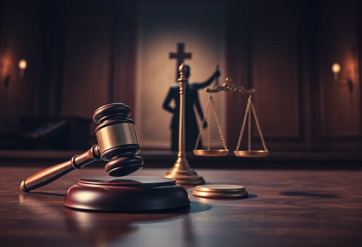 Courtroom scene representing justice in a sex trafficking case.