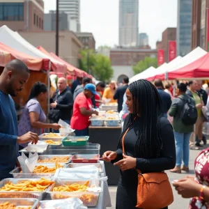 Crowd enjoying Detroit culinary events with food stalls