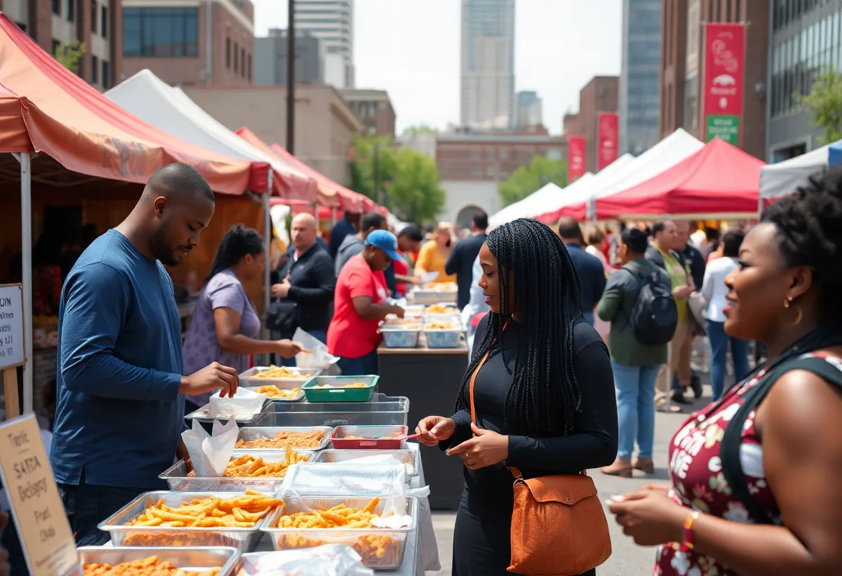Crowd enjoying Detroit culinary events with food stalls