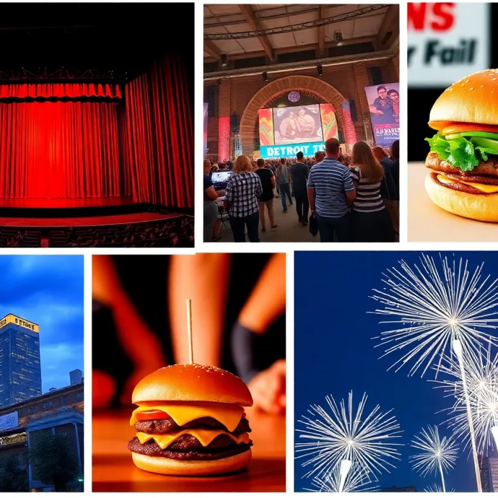 Collage of Detroit cultural events including theater, music, and food.