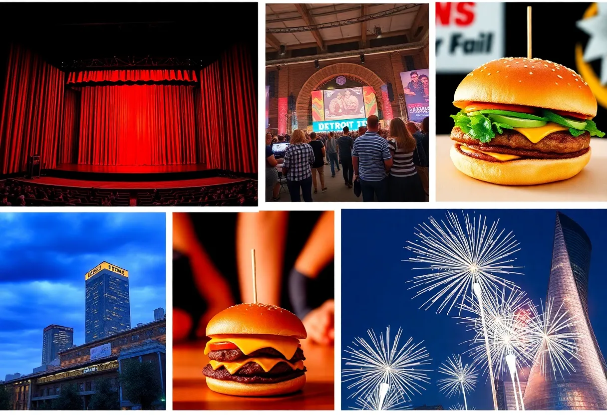 Collage of Detroit cultural events including theater, music, and food.
