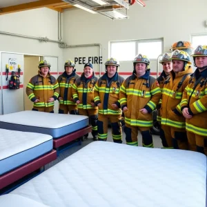 Firefighters standing beside new mattresses in a firehouse