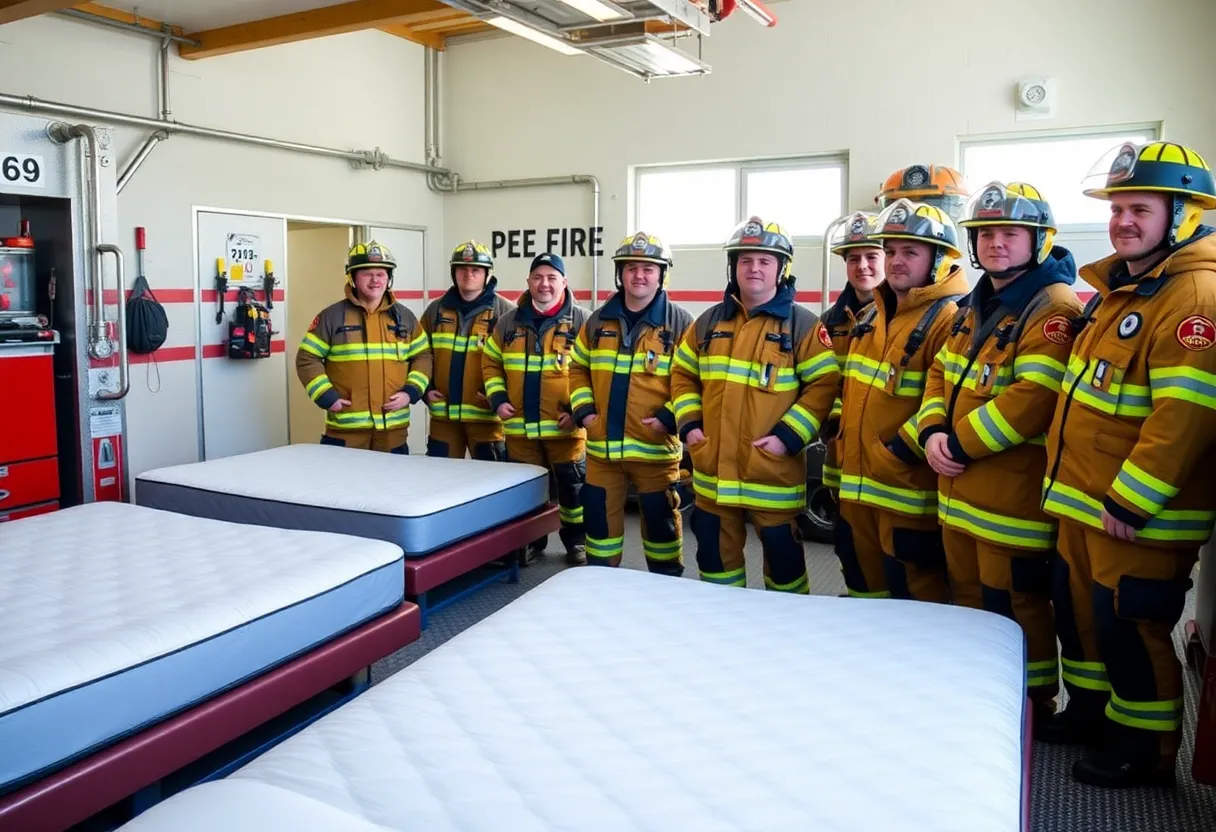 Firefighters standing beside new mattresses in a firehouse