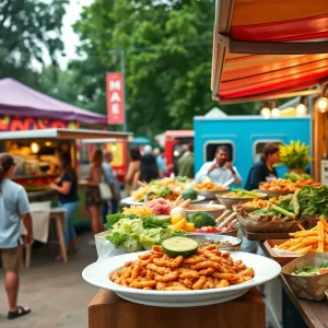 Outdoor food festival featuring colorful plant-based dishes and food trucks.
