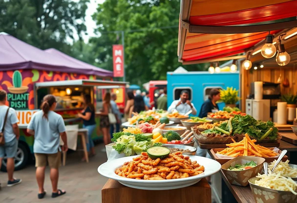 Outdoor food festival featuring colorful plant-based dishes and food trucks.