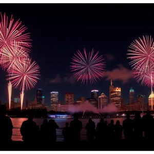 Fireworks over Detroit skyline during Ford Fireworks event