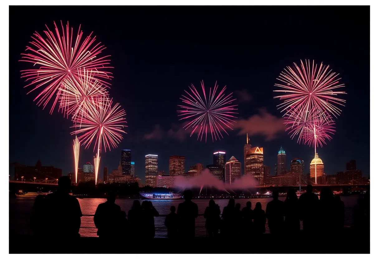 Fireworks over Detroit skyline during Ford Fireworks event