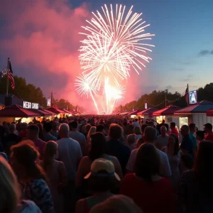 Crowd enjoying Fourth of July festivities in Detroit with fireworks