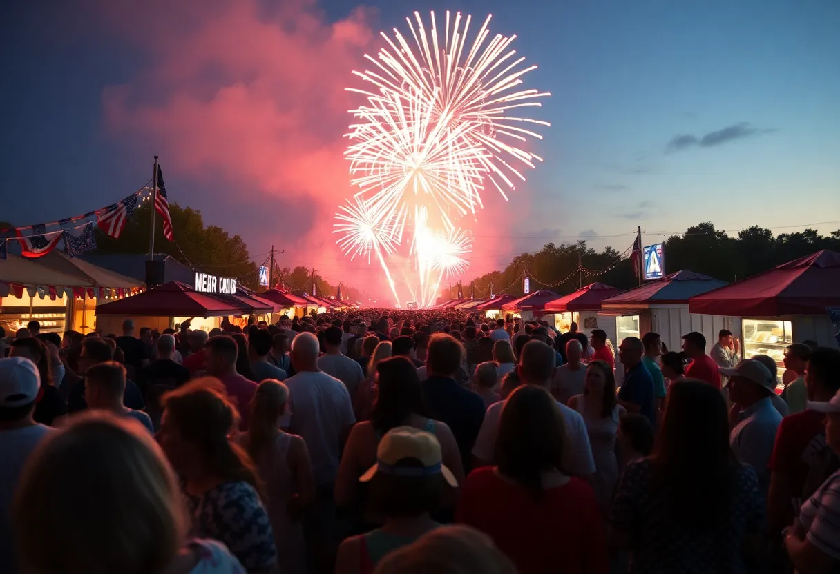 Crowd enjoying Fourth of July festivities in Detroit with fireworks