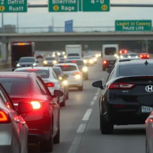 Scene of a busy Detroit freeway during a road rage incident