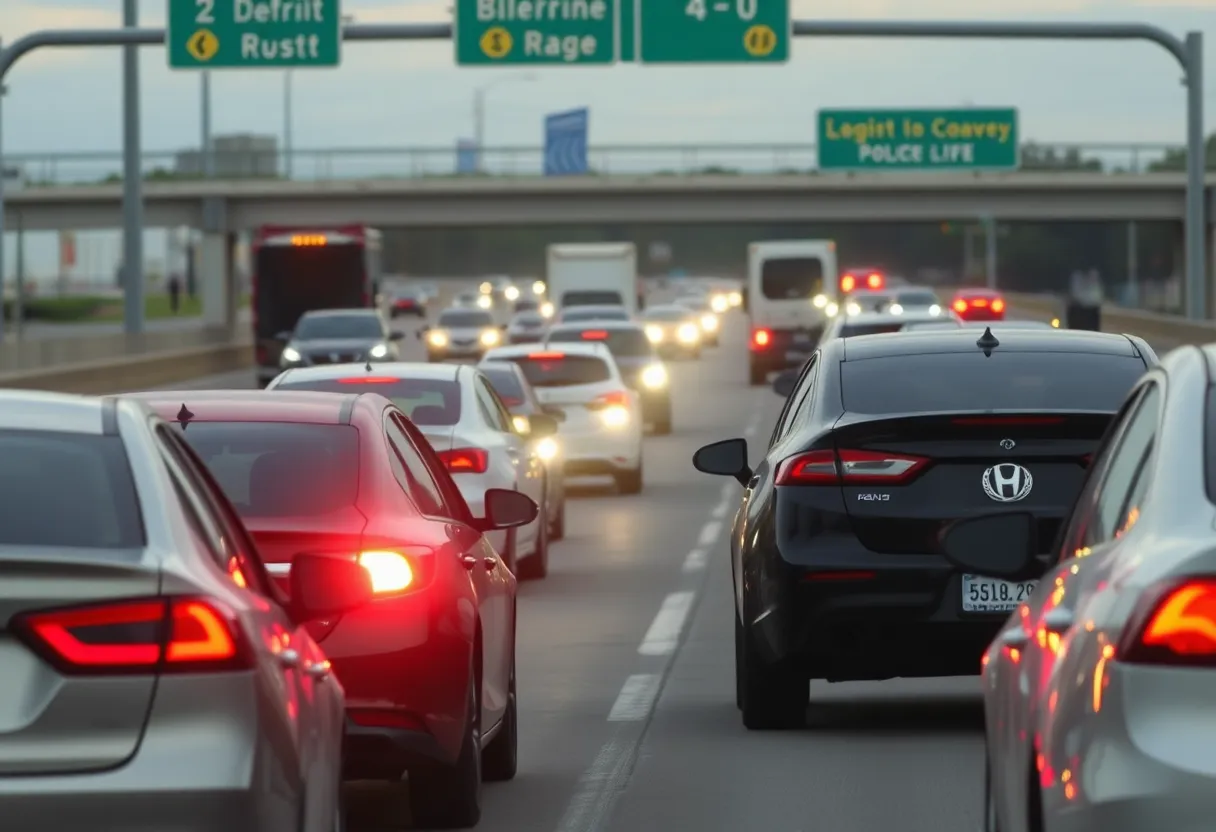 Scene of a busy Detroit freeway during a road rage incident