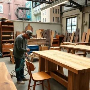 Artisans in a Detroit workshop creating sustainable furniture.