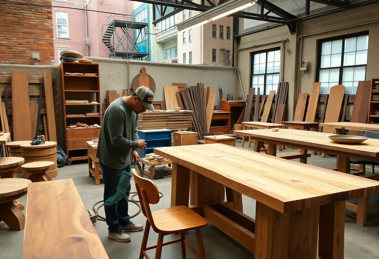 Artisans in a Detroit workshop creating sustainable furniture.